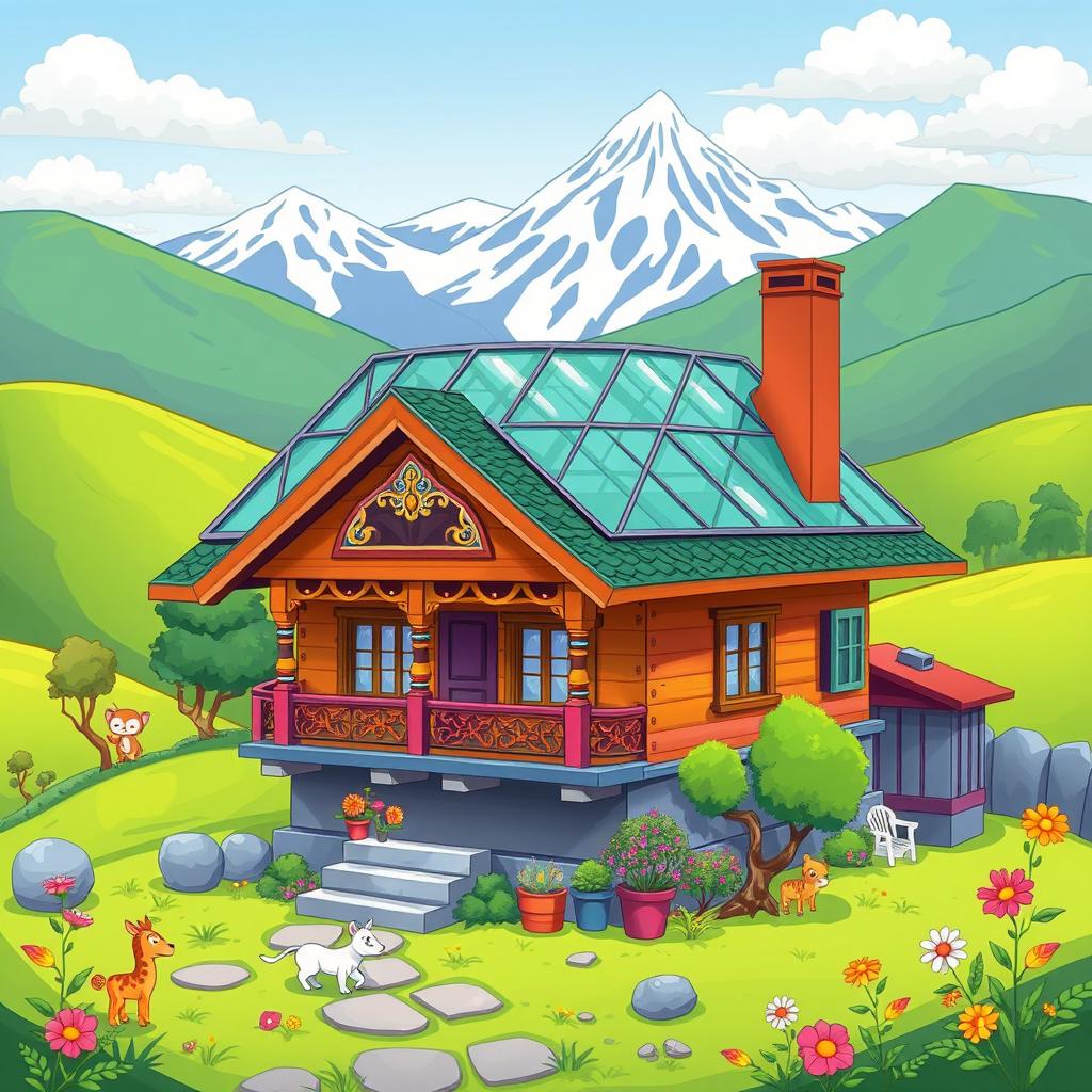 A vibrant cartoon illustration of a Nepalese house with a toughened glass roof