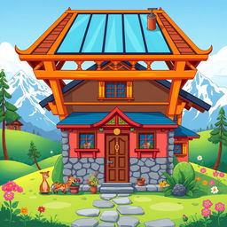 A vibrant cartoon illustration of a Nepalese house with a toughened glass roof