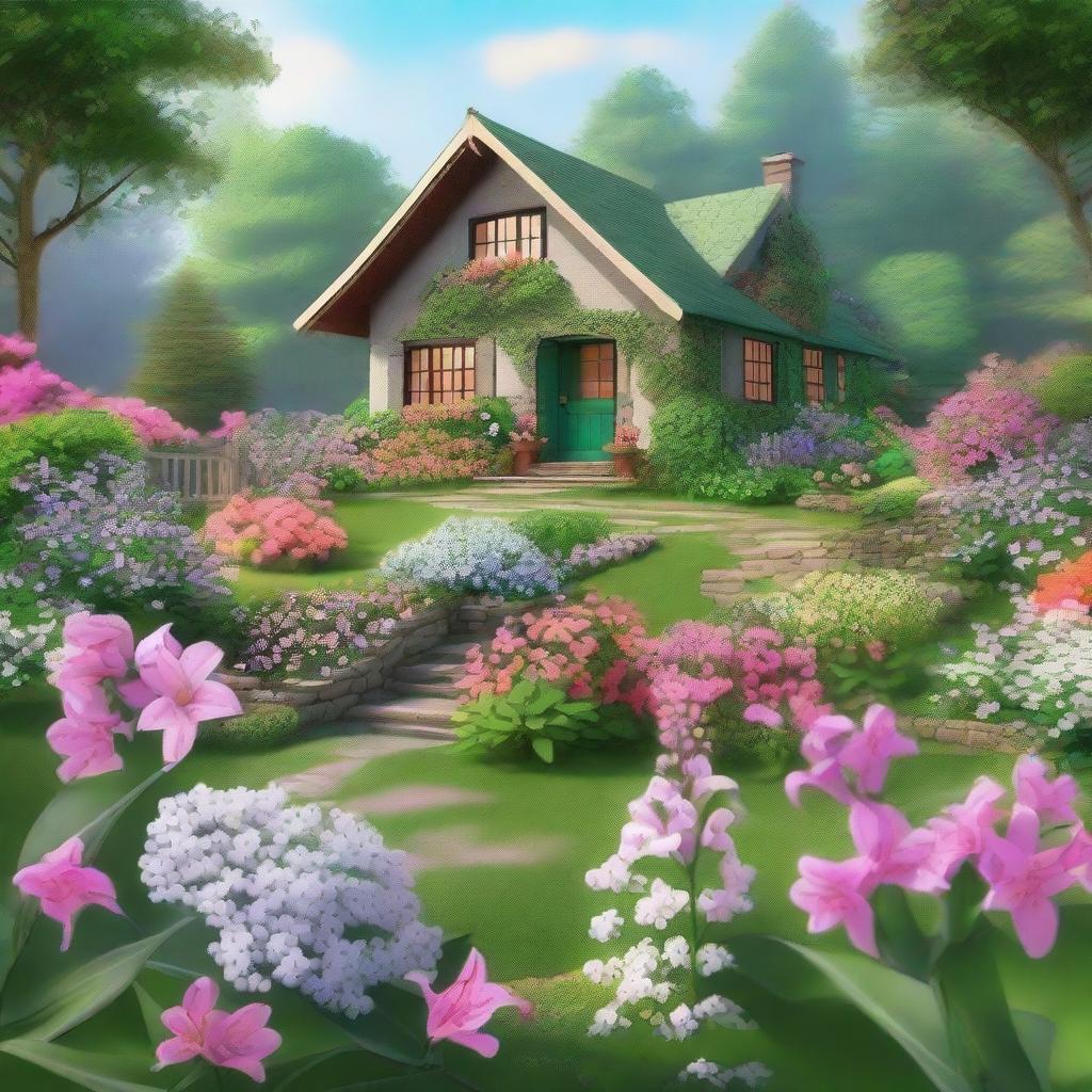 A high-quality digital art piece, showcasing an aesthetic cottage nestled amidst lush greenery