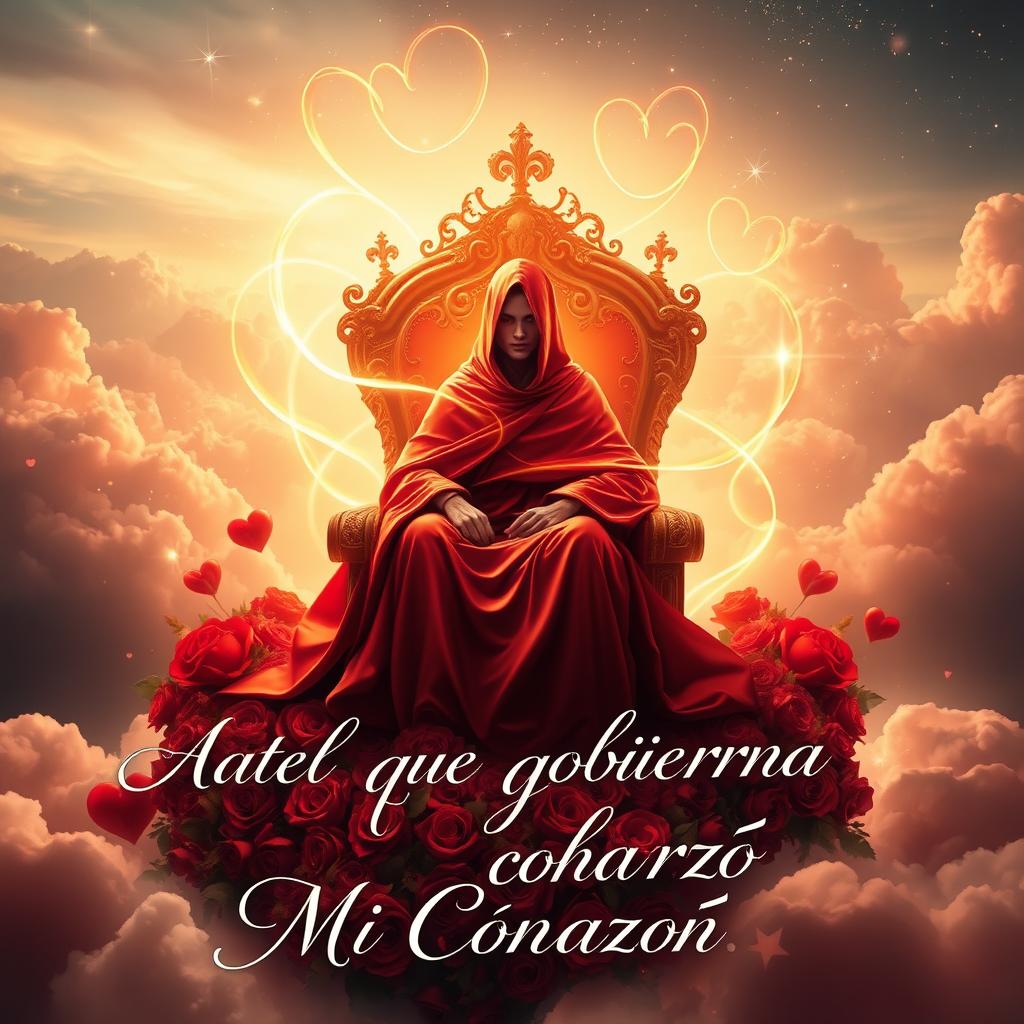 A captivating image that encapsulates the theme of love and heart governance, featuring a majestic figure sitting on a throne made of intertwined hearts and roses