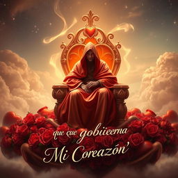 A captivating image that encapsulates the theme of love and heart governance, featuring a majestic figure sitting on a throne made of intertwined hearts and roses