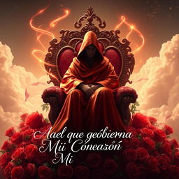 A captivating image that encapsulates the theme of love and heart governance, featuring a majestic figure sitting on a throne made of intertwined hearts and roses