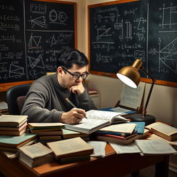 A focused man sitting at a desk surrounded by math books and notes, deep in thought as he contemplates solving complex math problems