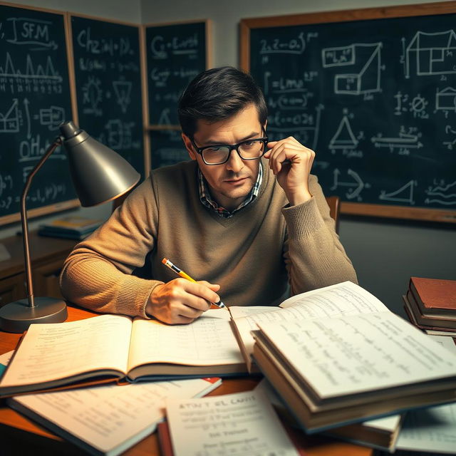 A focused man sitting at a desk surrounded by math books and notes, deep in thought as he contemplates solving complex math problems