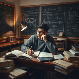 A focused man sitting at a desk surrounded by math books and notes, deep in thought as he contemplates solving complex math problems