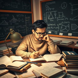 A focused man sitting at a desk surrounded by math books and notes, deep in thought as he contemplates solving complex math problems