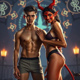 A young, attractive 19-year-old man with a fit physique, dressed in skin-tight retro shorts