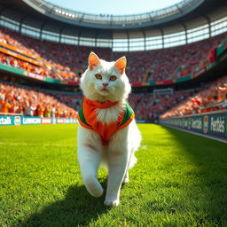 A majestic white cat confidently striding into a vibrant stadium filled with cheering fans
