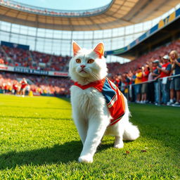 A majestic white cat confidently striding into a vibrant stadium filled with cheering fans