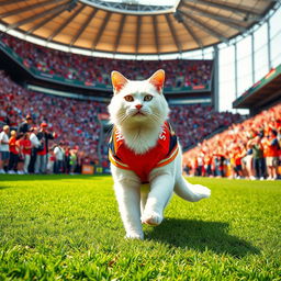 A majestic white cat confidently striding into a vibrant stadium filled with cheering fans