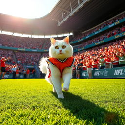 A majestic white cat confidently striding into a vibrant stadium filled with cheering fans