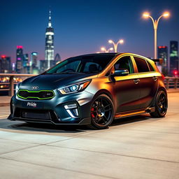 A modified Kia Pride car showcasing a bold and aggressive design