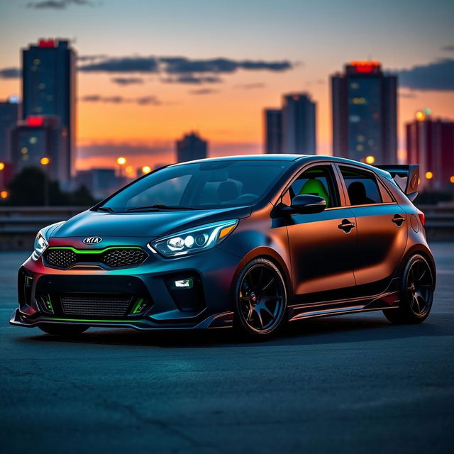 A modified Kia Pride car showcasing a bold and aggressive design