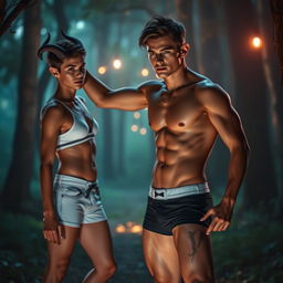 A seductive scene featuring a 19-year-old attractive young man wearing skin-tight retro shorts, showcasing his toned physique, standing in a captivating pose