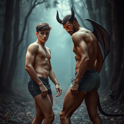 A seductive scene featuring a 19-year-old attractive young man wearing skin-tight retro shorts, showcasing his toned physique, standing in a captivating pose