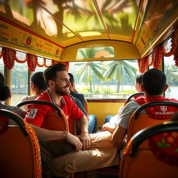 Lionel Messi sitting relaxed inside a colorful Kerala state bus, wearing casual clothes, smiling and looking out the window