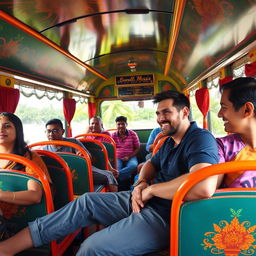 Lionel Messi sitting relaxed inside a colorful Kerala state bus, wearing casual clothes, smiling and looking out the window