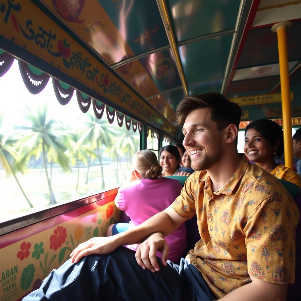 Lionel Messi sitting relaxed inside a colorful Kerala state bus, wearing casual clothes, smiling and looking out the window