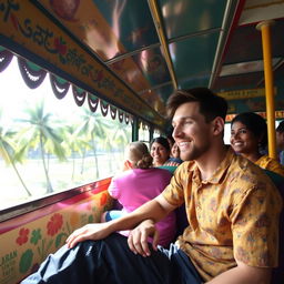 Lionel Messi sitting relaxed inside a colorful Kerala state bus, wearing casual clothes, smiling and looking out the window