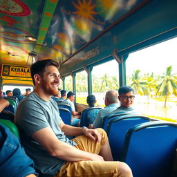 Lionel Messi sitting relaxed inside a colorful Kerala state bus, wearing casual clothes, smiling and looking out the window