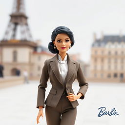 A detailed Barbie doll inspired by Simone Veil, showcasing her iconic style