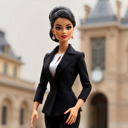 A detailed Barbie doll inspired by Simone Veil, showcasing her iconic style
