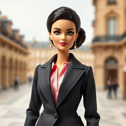 A detailed Barbie doll inspired by Simone Veil, showcasing her iconic style