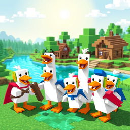 A vibrant and playful Minecraft scene featuring a team of animated geese, each with unique blocky accessories like helmets and capes
