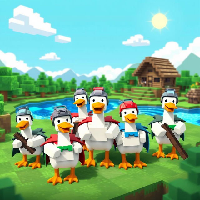 A vibrant and playful Minecraft scene featuring a team of animated geese, each with unique blocky accessories like helmets and capes