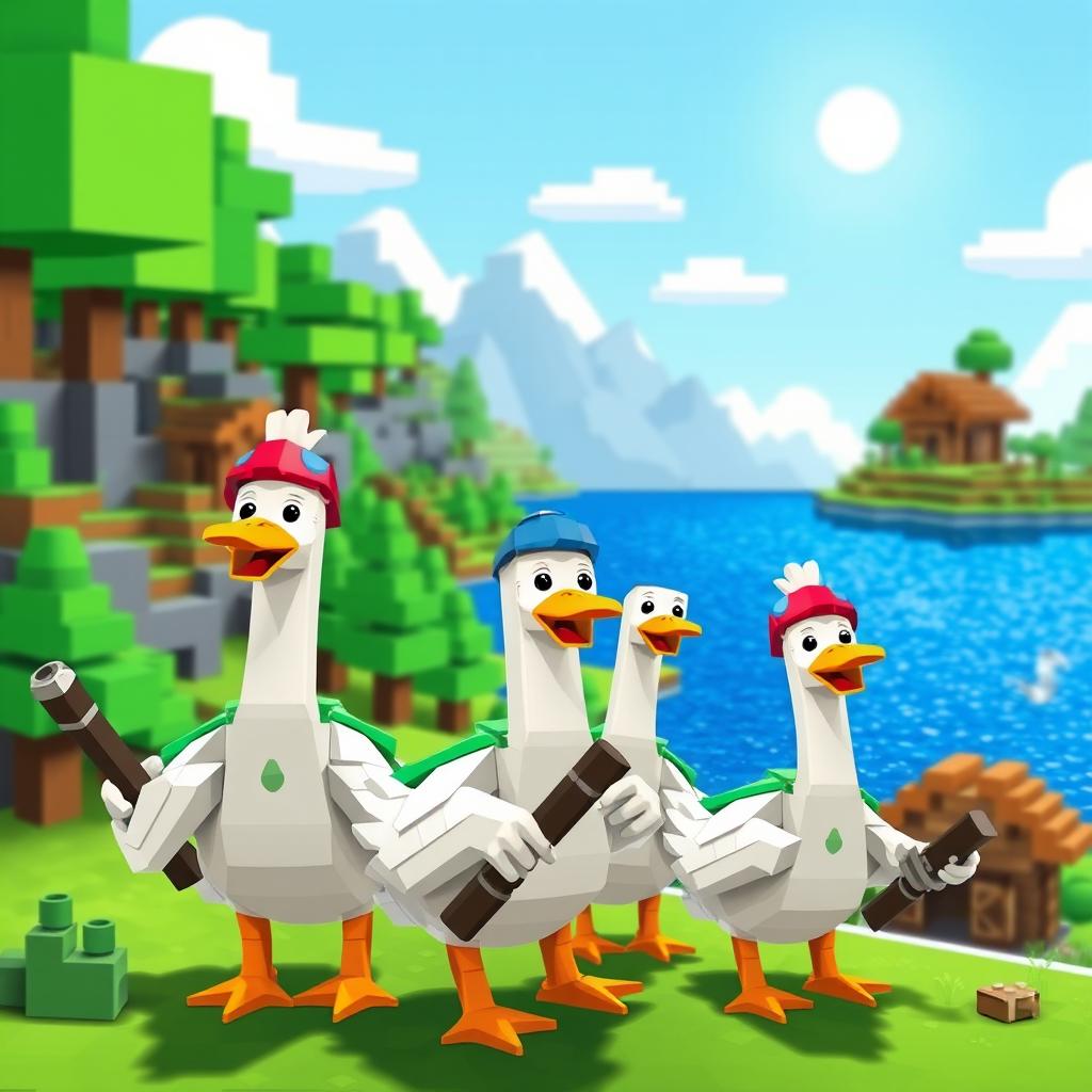 A vibrant and playful Minecraft scene featuring a team of animated geese, each with unique blocky accessories like helmets and capes