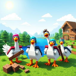 A vibrant and playful Minecraft scene featuring a team of animated geese, each with unique blocky accessories like helmets and capes