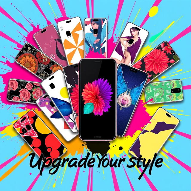 A vibrant and eye-catching poster featuring a variety of mobile phone skins in bold and colorful designs