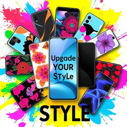 A vibrant and eye-catching poster featuring a variety of mobile phone skins in bold and colorful designs