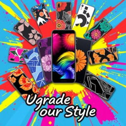 A vibrant and eye-catching poster featuring a variety of mobile phone skins in bold and colorful designs