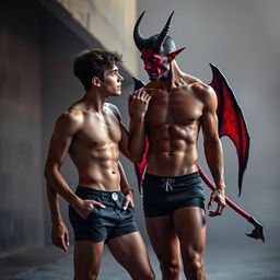 A visually striking scene depicting a young, attractive 19-year-old man, with a toned physique, dressed only in skin-tight retro shorts, exuding a casual charm