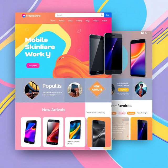 An eye-catching template design for a mobile skins shop, featuring a modern layout that highlights various mobile phone skins