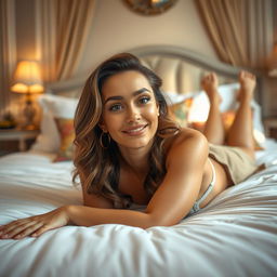 A cute and attractive woman with a confident and playful expression, lying on a luxurious bed in a cozy bedroom setting