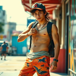 A confident 19-year-old rebel wearing a baseball cap and retro shorts, exhibiting a strong, masculine presence