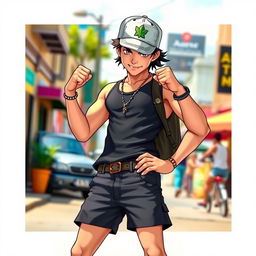 A confident 19-year-old rebel wearing a baseball cap and retro shorts, exhibiting a strong, masculine presence