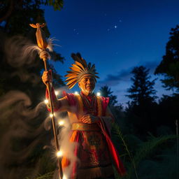 A captivating scene of a traditional dukun (shaman) performing a spiritual ritual in an enchanting forest at dusk