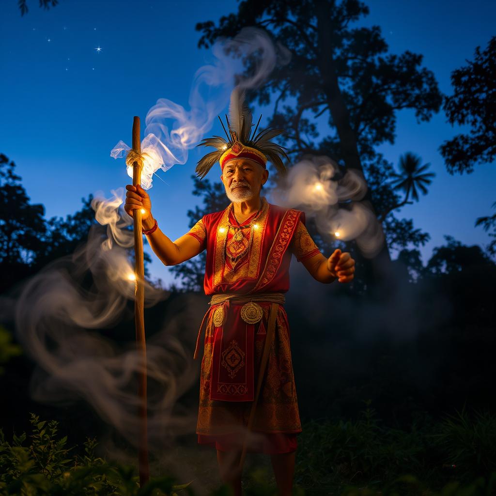 A captivating scene of a traditional dukun (shaman) performing a spiritual ritual in an enchanting forest at dusk