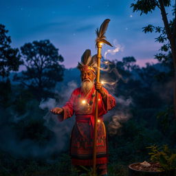 A captivating scene of a traditional dukun (shaman) performing a spiritual ritual in an enchanting forest at dusk