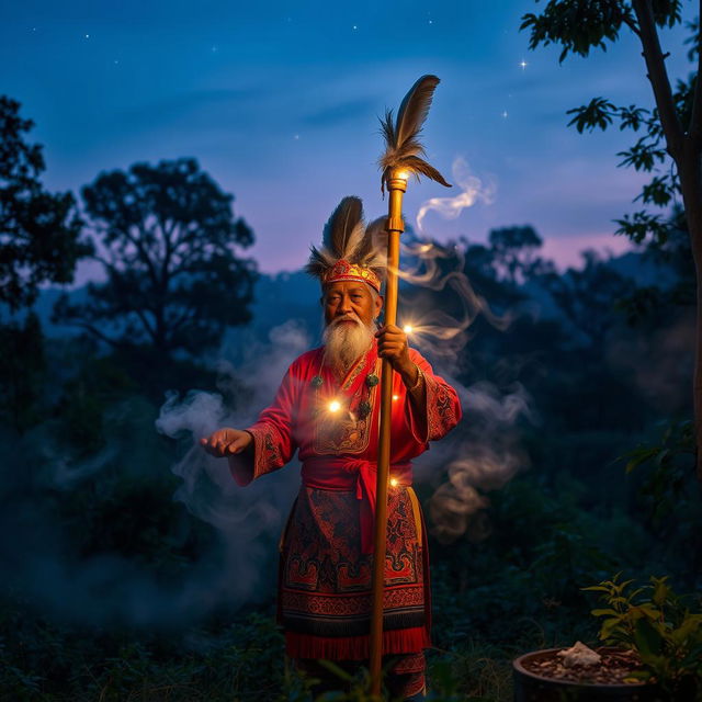 A captivating scene of a traditional dukun (shaman) performing a spiritual ritual in an enchanting forest at dusk