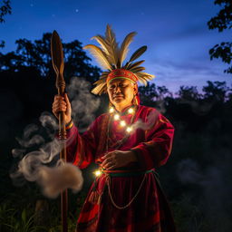 A captivating scene of a traditional dukun (shaman) performing a spiritual ritual in an enchanting forest at dusk