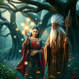 A mystical scene featuring a woman and a shaman in a lush, enchanted forest