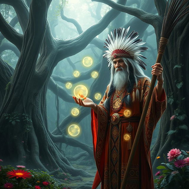 A mystical scene featuring a woman and a shaman in a lush, enchanted forest