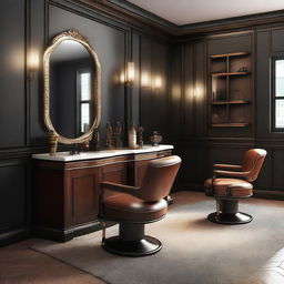 An image showcasing a men's saloon design, exuding a modern and sophisticated aesthetic