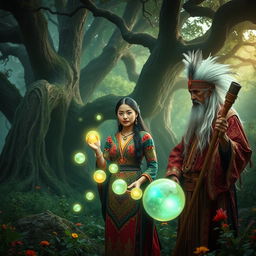 A mystical scene featuring a woman and a shaman in a lush, enchanted forest