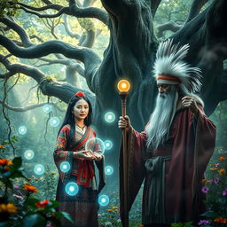 A mystical scene featuring a woman and a shaman in a lush, enchanted forest