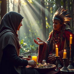 A woman wearing a hijab visits a shaman in a mystical forest